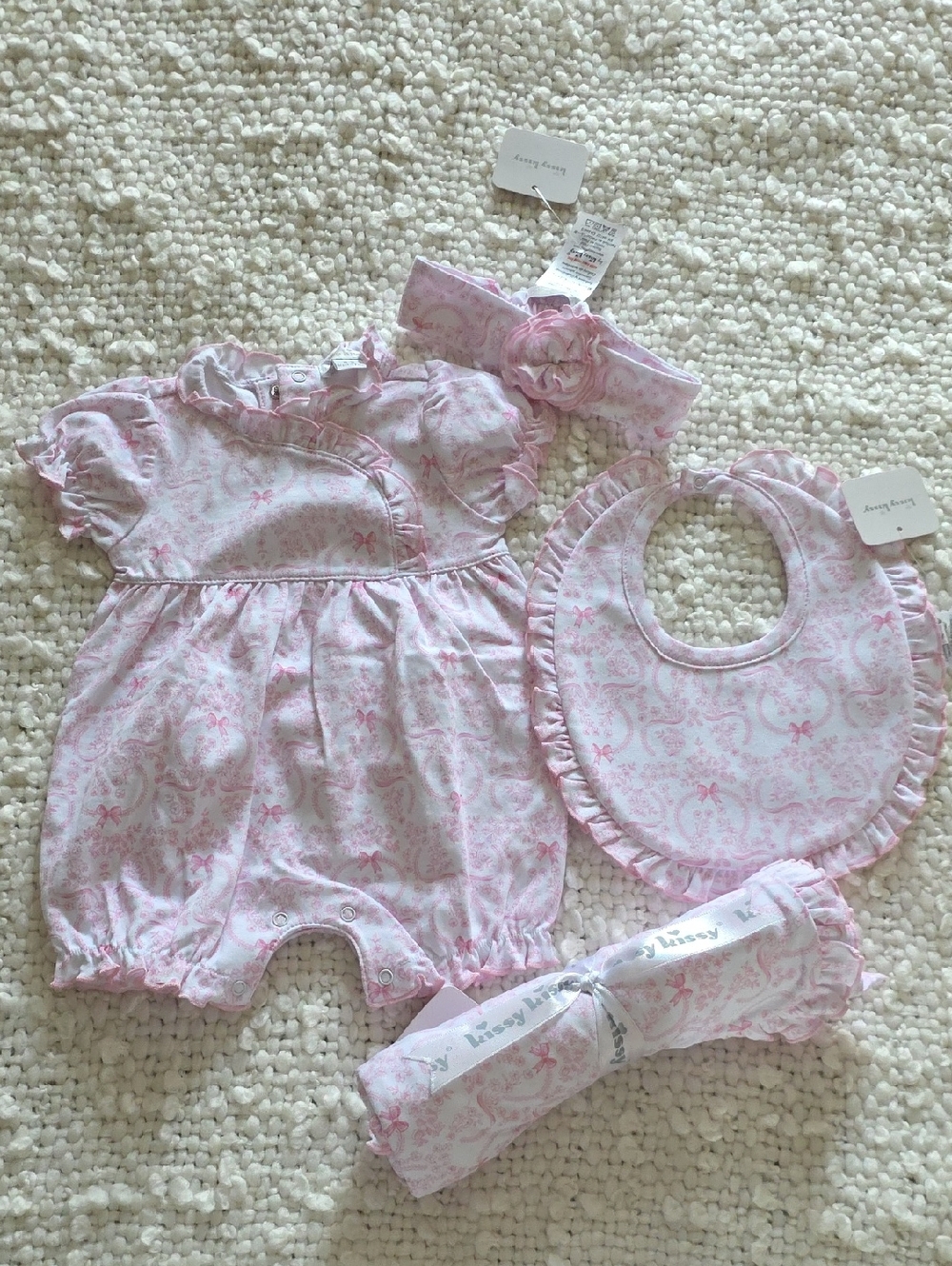 Kissy Kissy Pink Floral Bib & Romper Set with Headband receiving blanket 0-3